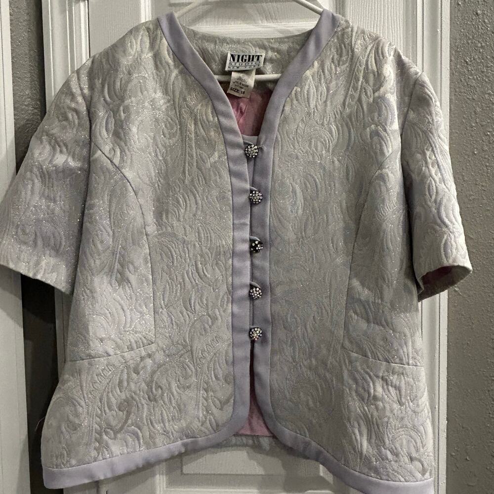 Night Studio New York Silver Brocade Evening Jacket Rhinestone Buttons Size 18